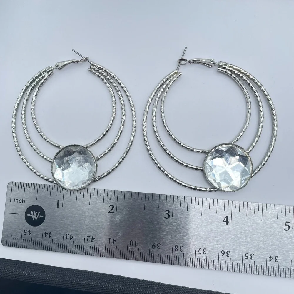 Vintage 80s Silver Tone Triple Hoop Earrings Clear Glass Women's Classic Jewelry